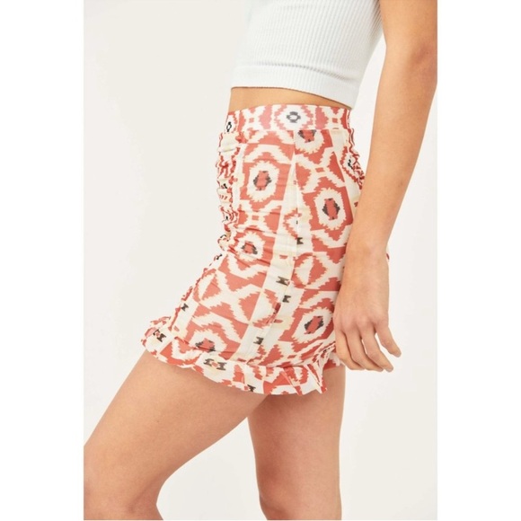 Free People Romi Ruched Mesh Ruffle Hem Skirt Geometric Tribal Print Medium - Picture 3 of 14